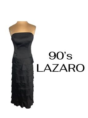 Vintage 90s Lazaro Black Strapless Tiered Ruffle Maxi Gown Dress Modern Size 0